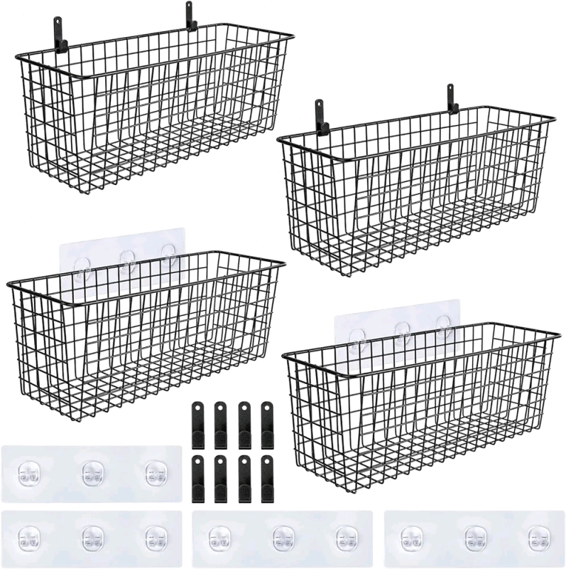 New - 4-Pack Hanging Wall Baskets for Storage, Wall Mount Sturdy Steel Wire Basket Organizes . Industrial Grey . Each Basket measures 14.5"×5 3/4"×5.5"