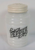 Vintage Hazel Atlas Milk Glass Beehive Black Scroll Shaker Set of 3 - Flour , Pepper & Sugar . No chips or cracks . - 3