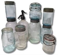 Green Glass Beaver Above 8 Mason Jar, O-Keefe Toronto Seltzer Bottle + 8 Additional Vintage Jars