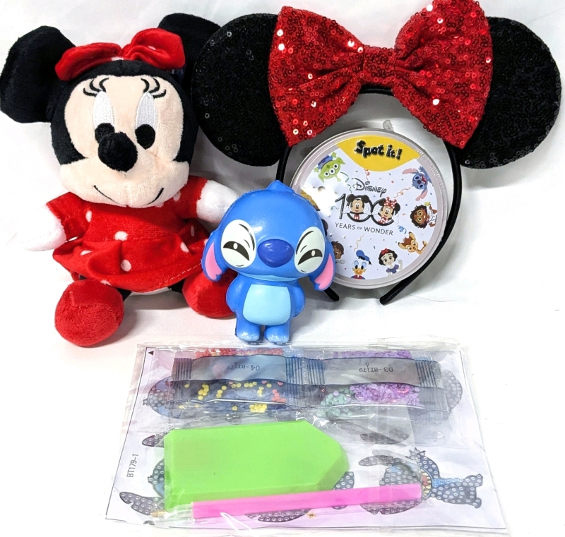 New DISNEY | Spot It! 100 Years of Wonder, Mini 6" Minnie Mouse Hanging Plush & Ears, Stitch Stress Ball & Stitch & Stitch Diamond Painting Kit