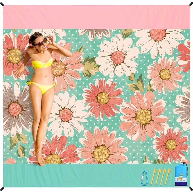 New - BYDOLL 100% Polyester Beach Blanket , Sandproof & Waterproof . Measures 78''×81'' . Compact Lightweight Oversized Beach Blanket