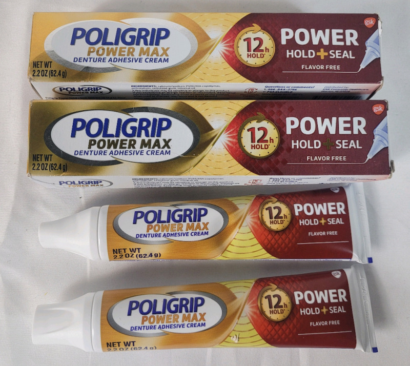 4 New - Poligrip Power Max Denture Adhesive Cream . Four (4) Tubes , 2.2oz. Each . Expire 02/28/2027