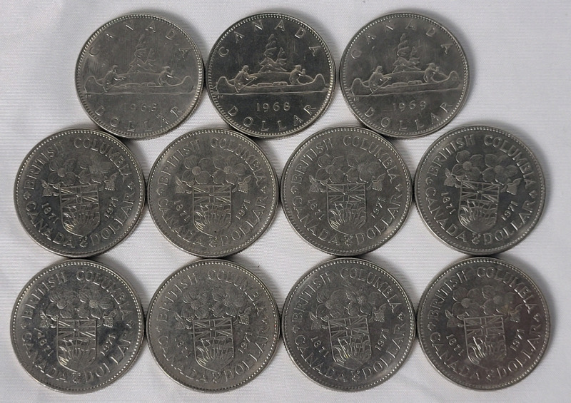 1968 - 1971 Canadian One Dollar Coins . 1968 ×2 , 1969 & 1971 ×8 . Eleven (11) Coins