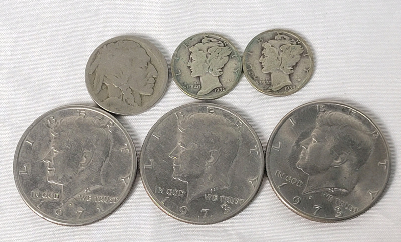 USA Coin Lot - 1935 & 1939 Silver Dimes , 19?8 Buffalo Indian Head Nickel , 1973 ×2 Kennedy Half Dollar and 1971 Kennedy Half Dollar .