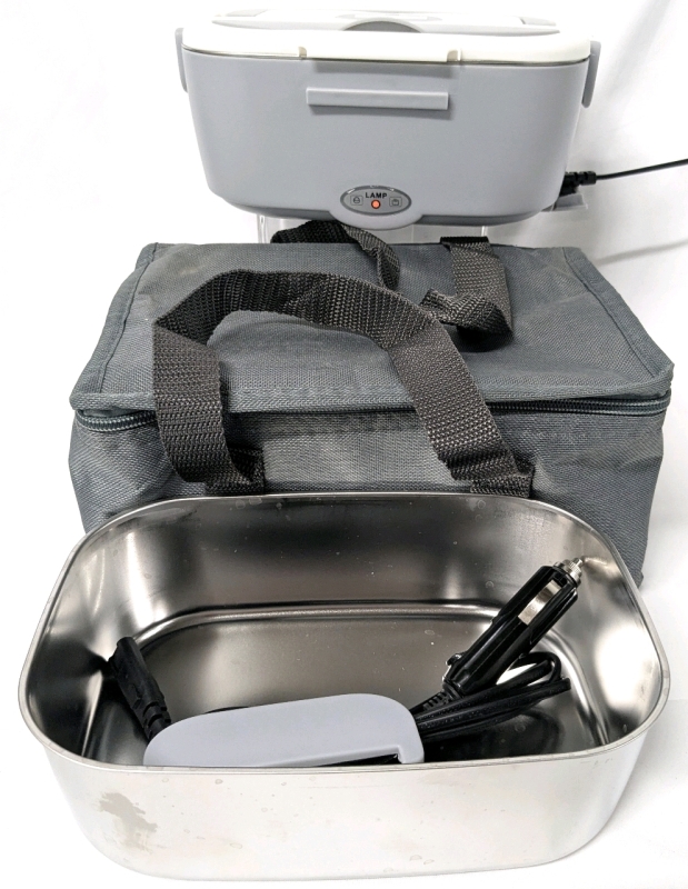 Electronic Heating Bento Box with Extra Inner Container, Fork + Spoon, Sponges, Insulated Bag, Car & Outlet Charger | 1 Broken Hinge, Tested & Working | 8.5" x 5.75" x 4"