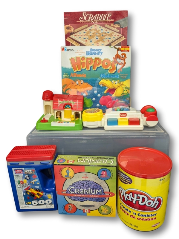 Vintage to Modern Toys & Games | 1986 Hungry Hungry Hippos, Scrabble, Cranium Canadian Edition, Play-Doh, Mega Bloks + In Large Lidded Storage Container