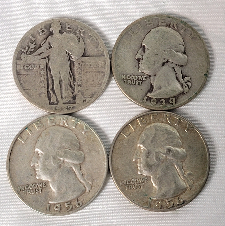 1927 - 1956 USA Silver 25 Cent Quarters . 1927 , 1939 & 1956 ×2 . Four (4) Coins