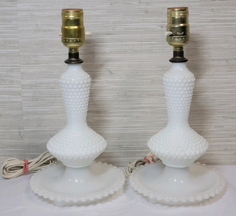 Vintage Milk Glass Hobnail Lamps , Pair . Measures 11 3/4" tall . No chips or cracks . Both tested working