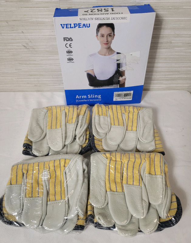 New - Velpeau Arm Sling , Medium . Right / Left Arm & Four (4) Pairs BDG Work Gloves