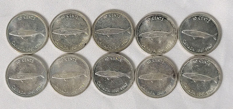 1967 (1867-) Canadian Silver 10 Cent Dimes , Ten (10) Coins