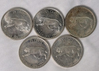 1967 (1867-) Canadian Silver 25 Cent Quarters , Five (5) Coins