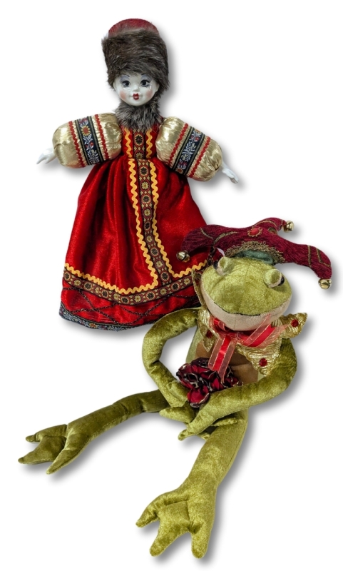 Large Cloth Jester Frog Decorative Plush w Weighted Bottom & Tradituonal Porcelain Russian Girl Doll with Fur Trim | 17.5" - 24" Long Long