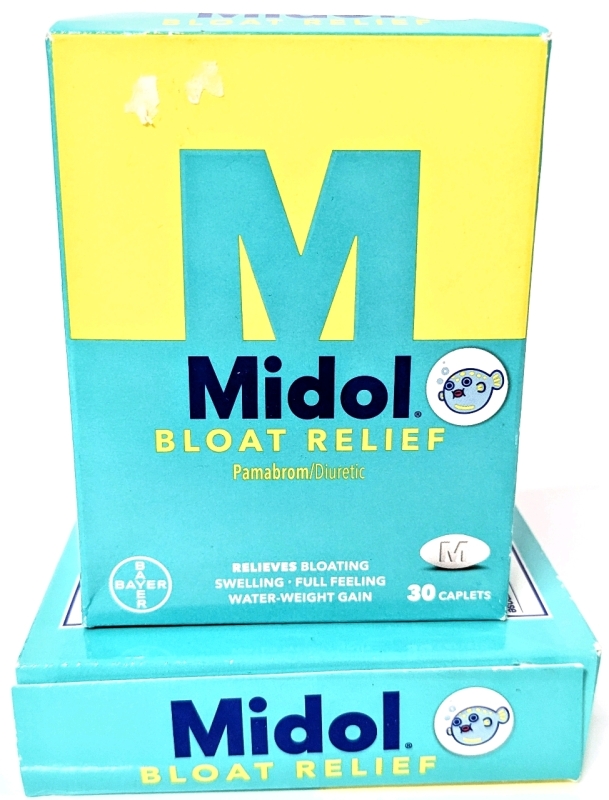 2 New* Bayer MIDOL BLOAT RELIEF 50mg Panabrom/Diuretic to Relieve Bloating, Swelling + | 30 Caps ea | EXP 11/2024 & 05/2025