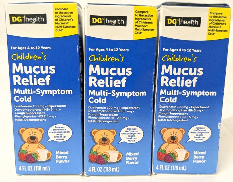 3 New Children's MUCUS RELIEF Cough Suppressant+ Nasal Decongestant | Mixed Berry Flavour | 118ml ea | EXP Aug + Sep 2025