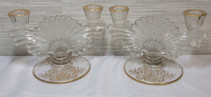 Vintage Paden City Maya Pattern Glass Double Candle Light Fan Shape Candelabra , Pair . Measures 8 1/4" Wide