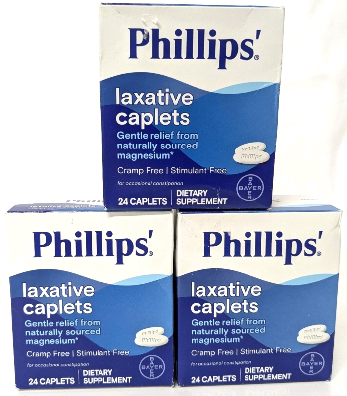 3 New PHILLIPS' Laxative Tablets • Cramp + Stimulant Free with Magnesium | 24 Caps ea | EXP 2025 01/04