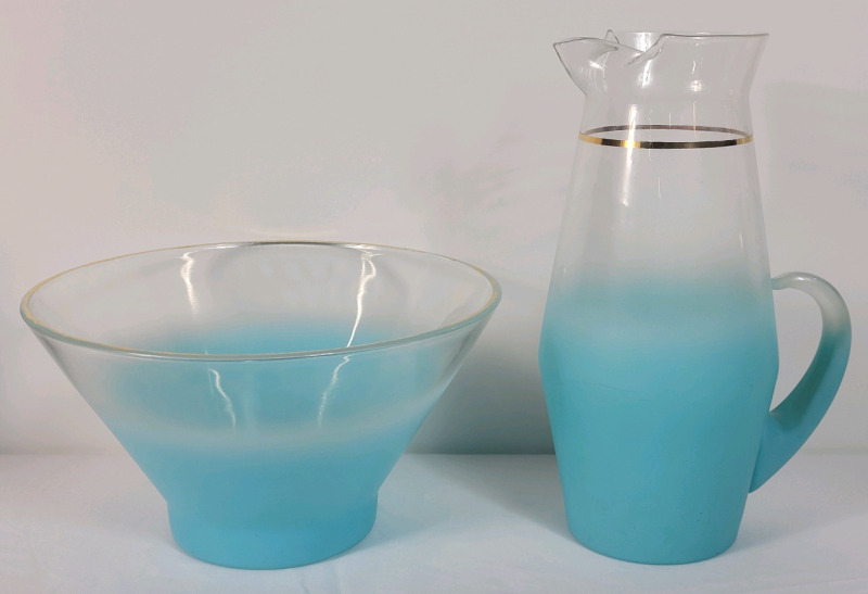 Mid-Century Modern Blendo Turquoise Frosted Glass Pitcher & Blendo Turquoise Frosted Glass Chip Bowl . Some wear to gold trim & minor black marks on pitcher