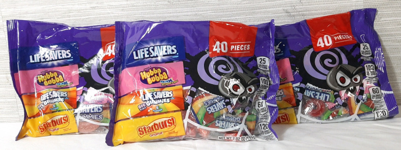 3 New 40pc Candy Bags, Including Lifesavers, Hubba Bubba Max, Lifesavers Big Ring Gummies & Starbursts - 199g Bags, Best Before February 2025