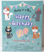 New Party in a Box Happy Birthday Party Goods Set, Cat Themed - Includes 43 Pieces, Cups, Birthday Candle, 9" Plates, 6.5" Napkins, 7" Plates & 54"X108" Plastic Table Cover