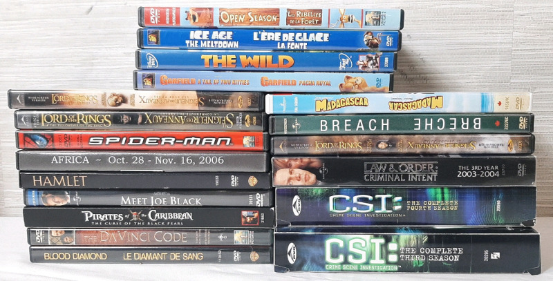 19 DVD Copies of 2000's Movies and TV Shows, Including The Lord of The Rings Trilogy, CSI Complete Seasons, Law & Order: Criminal Intent, Spider-Man (Featuring Tobey Maguire) and Plenty More