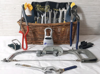 Lot of Various Handyman Tools, Including Wrenches, Clamps, 18" Long Hacksaw, Clip Calculator and More, Including the Wooden Basket