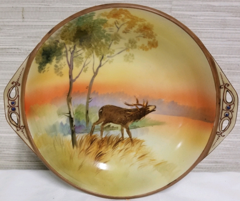 Vintage Nippon hand painted Elk bowl. 7" diameter