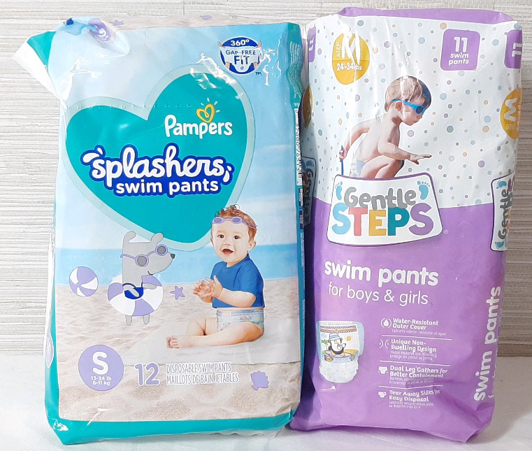 2 New Bags of Baby Disposable Swim Pants, Including Pampers Splashers Swim Pants Small Size, 12pcs & Gentle Steps Swim Pants for Boys & Girls, Medium Sized, 11pcs