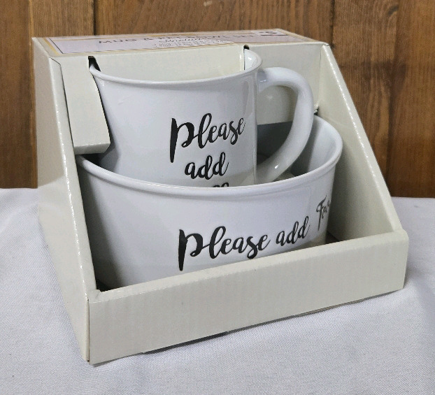 New | Ceramic Mug & Pet Bowl Set " Please Add Coffee & Please Add Food "