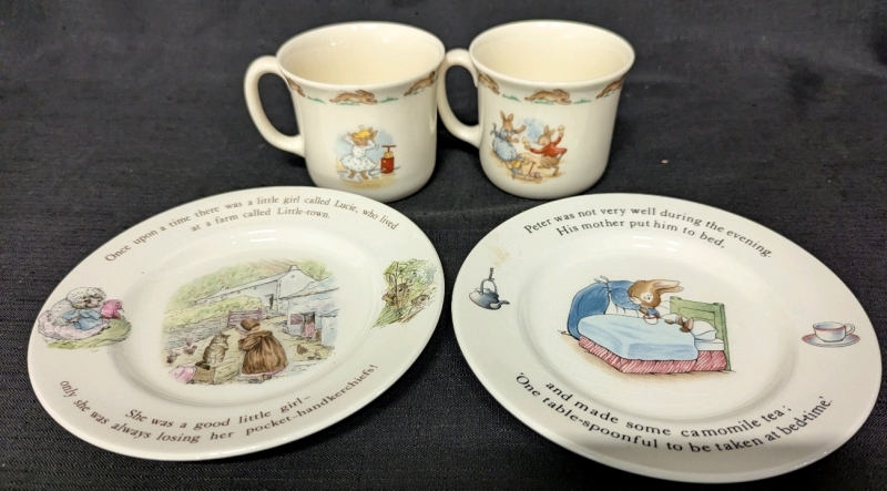 2 Royal Doultin "Bunnykins" Cups & 2 Wedgwood Rabbit Plates "Mrs.Tiggy-Winkle + Peter Rabbit"