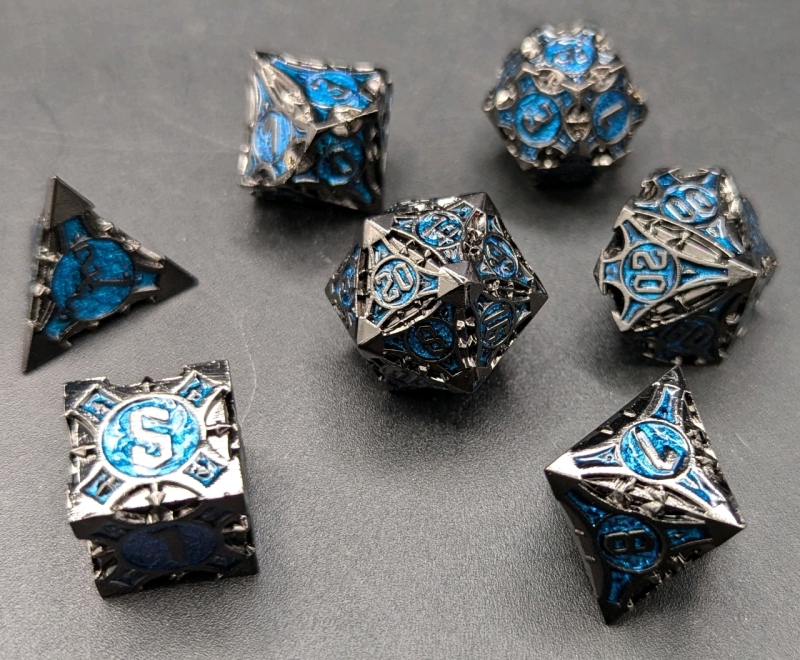 New Metal 7 Piece Polyhedral Dice Set. D20 is 25mm across.