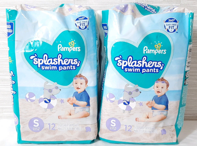 2 New Pampers Splashers Disposable Swim Pants, Small Size, 12pcs in Each Bag