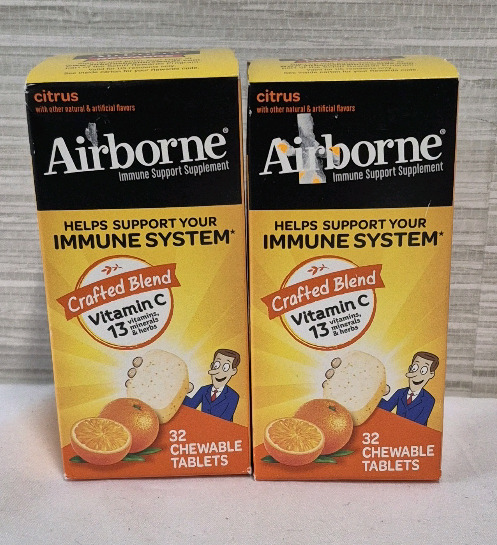 2 New Airborne Vitamin C Chewable Tablets 32 Tabs Per Bottle - Exp 03/2025