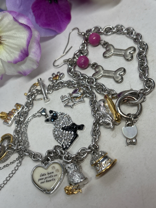 Two Cat Charm Bracelets Rhinestone Cat Necklace Drop Earrings