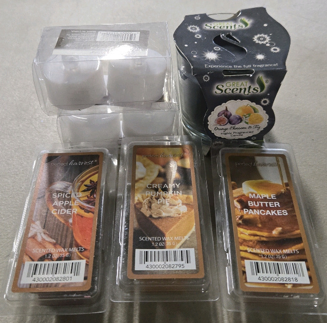 New | Candle / Aroma Lot | Includes Small Candle, Tea Lights & 3 Packs Of Scented Wax Melts