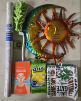 New | Home Indoor Lot | Includes Facial Patches, Dishcloth Set, Decorative Covering, Microfiber Duster, Dioxide Scrubber Sponge & Sun & Moon Wall Decor