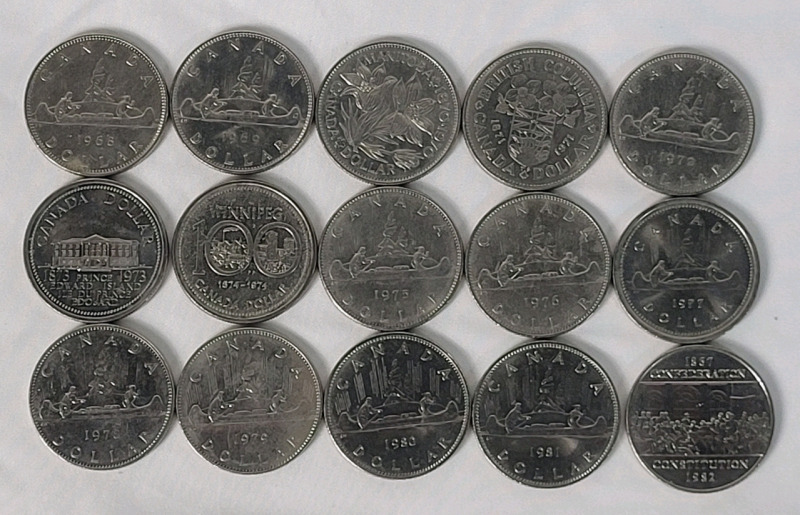 1968 - 1982 Canadian One Dollar Coins , Consecutive Years . 15 Coins