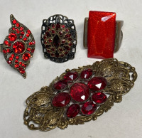 Vintage Czech Ruby Red Paste Brooch 3 Vintage Red Stone Rings