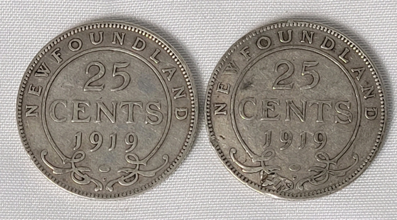 1919-C Newfoundland Silver 25 Cent Quarters , Two (2) Coins