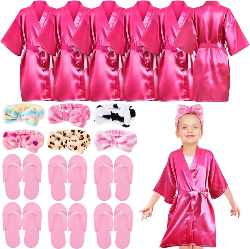 New Jecery Spa Party Supplies for Girls. 6 Satin Kimono Robe, 6 Spa Headband, 6 Disposable Foam Pedicure Slippers (Rose,Size 6)