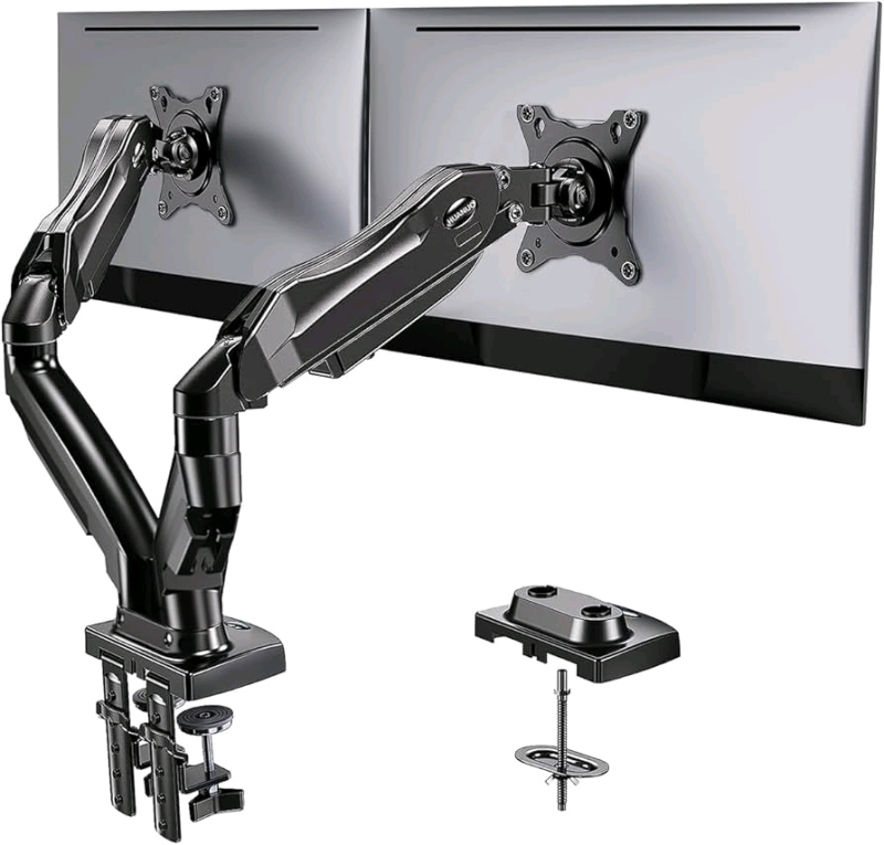 New Open Box HUANUO Dual Monitor Stand - Adjustable Gas Spring Monitor Desk Mount VESA Bracket with C Clamp, Grommet Mounting Base for 13 to 27 Inch Computer Screens - Each Arm Holds 4.4 to 14.3lbs