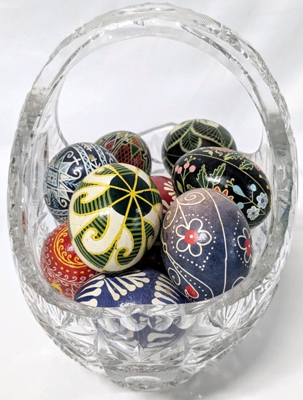 Pinwheel Crystal Basket with 12 Ukrainian Handpainted Eggshell Pysansky Eggs | Basket 7.75" Tall