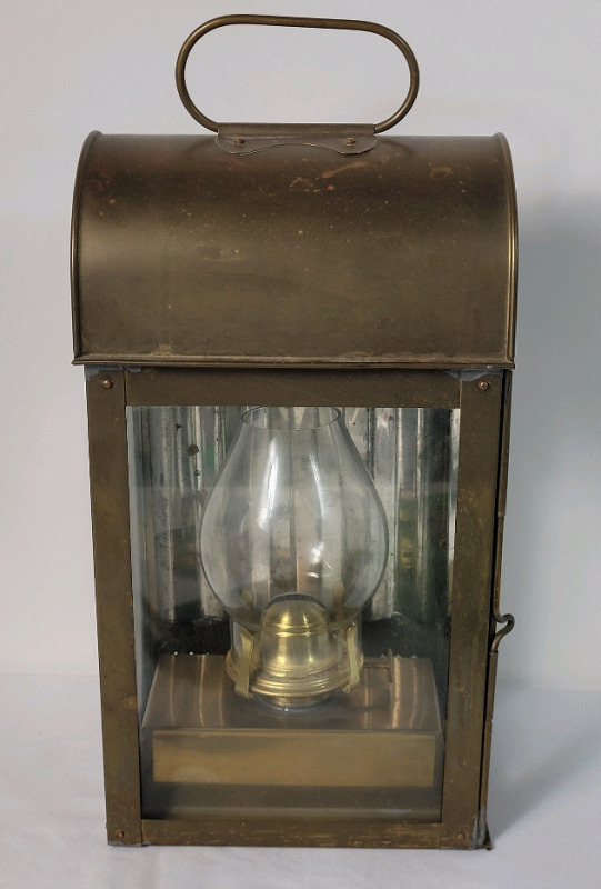 Vintage Nautical Brass Ship Cabin Oil Lantern w/Side Door & Pull Out Oil Lamp . Made in England . Measures 6 3/4"×12"×5 1/4"