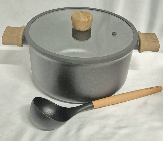 New CAROTE 10" Large POT WITH LID & LADLE- Non-stick 5" Deep Induction Cookware Wooden Handles and Knob