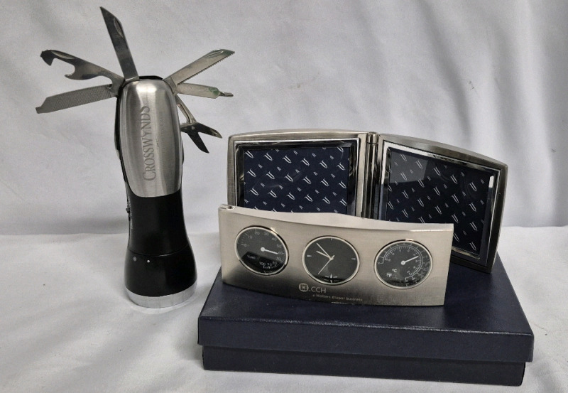 CCH Travel Desktop Picture Frame 7" Long & Clock, Thermometer & Humidity 5" Long & Flashlight/Multi Tool 5.75" Long
