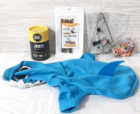 New Pet Products | Bixbi Powder Joint Formula (60g), Cat's Molar Sticks (5pcs), Rabbit on a String Toy, Small Pet Collar & Small Sized Shark Hoodie (Measured 15" Long & 6&frac12;" Wide)