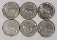 1967 (1867-) Canadian Silver 25 Cent Quarters . Six (6) Coins