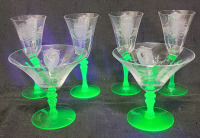 Art Deco Tiffin Etched Green Uranium Glass Stem Cherrie & Champagne Glasses .