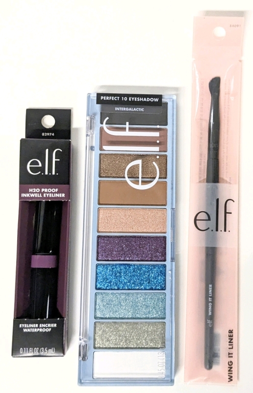 New E.L.F. | Perfect 10 Eyeshadow (Intergalactic), H20 Proof Inkwell Eyeliner (Sugarplum) & Wing It Liner Makeup Brush