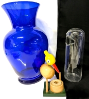 Vintage Danish Bird Needle Keeper with Measuring Tape, Glass Penguin Peanut Pourer & Cobalt Blue Flash Glass Vase | 5" - 10.75" Tall