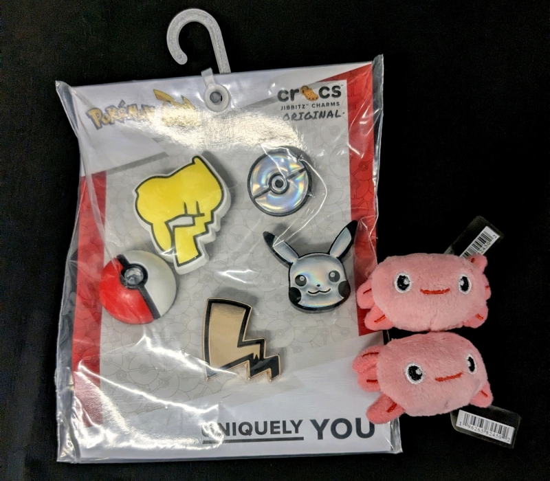 New Original CROC Jibbet Charms | Elevated POKEMON 5 Pack with Flashing Pikachu & 2 Plush Axolotl Jibbets | Up to 2" Across | Retail Value of Over $50!